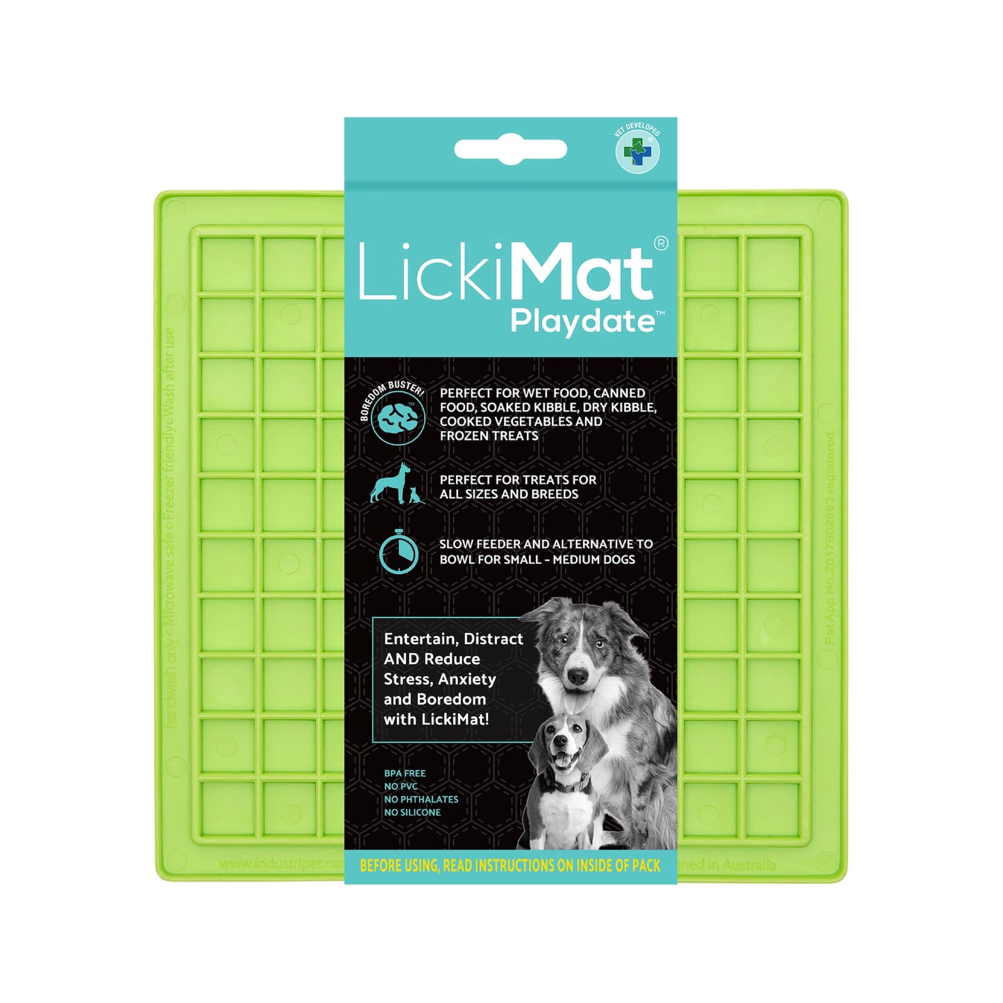Green LickiMat Classic Playdate™ – Original Slow Feeder Lick Mat for Dogs (label) on white background