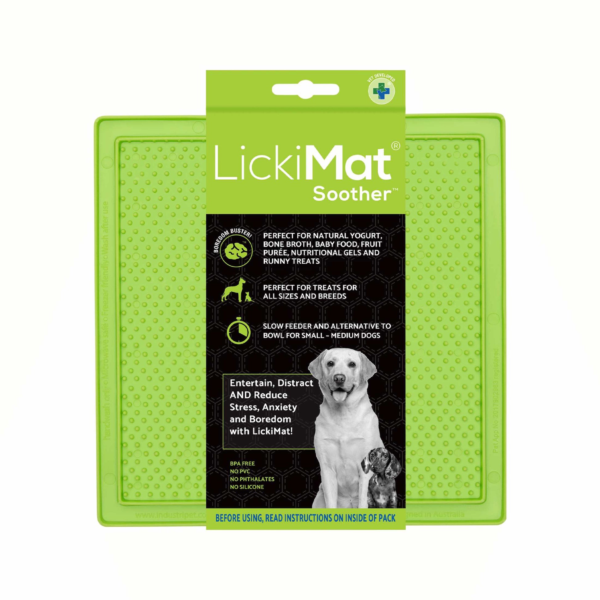 Green LickiMat® Classic Soother™ – Original Slow Feeder Lick Mat for Dogs (label) on a white background