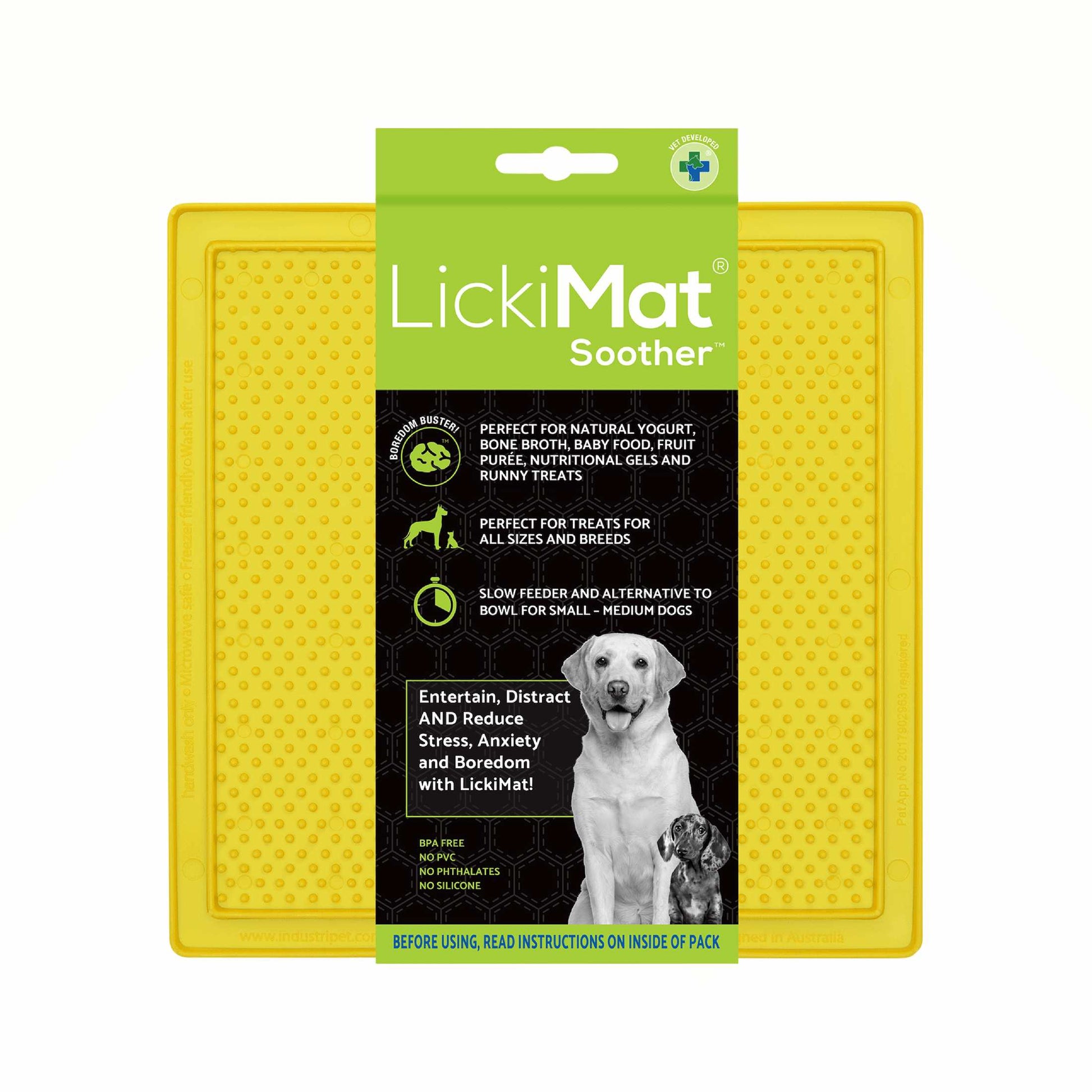 Yellow LickiMat® Classic Soother™ – Original Slow Feeder Lick Mat for Dogs (label) on a white background