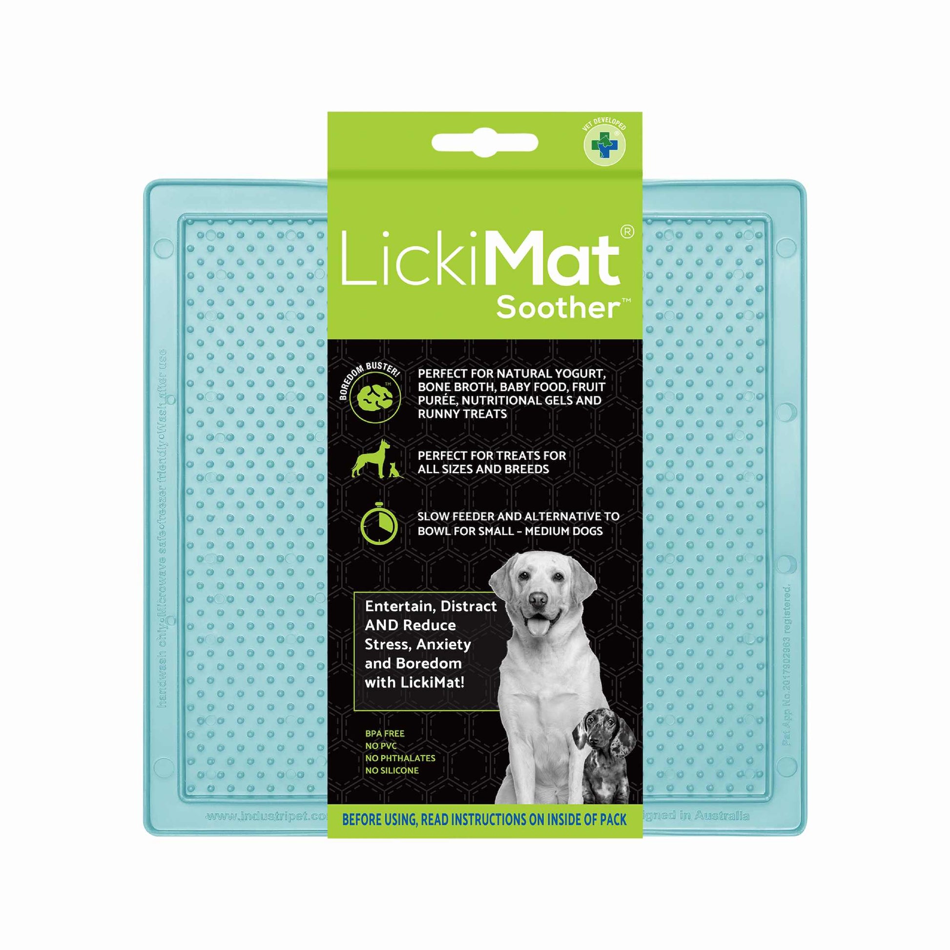 Mint LickiMat® Classic Soother™ – Original Slow Feeder Lick Mat for Dogs (label) on a white background