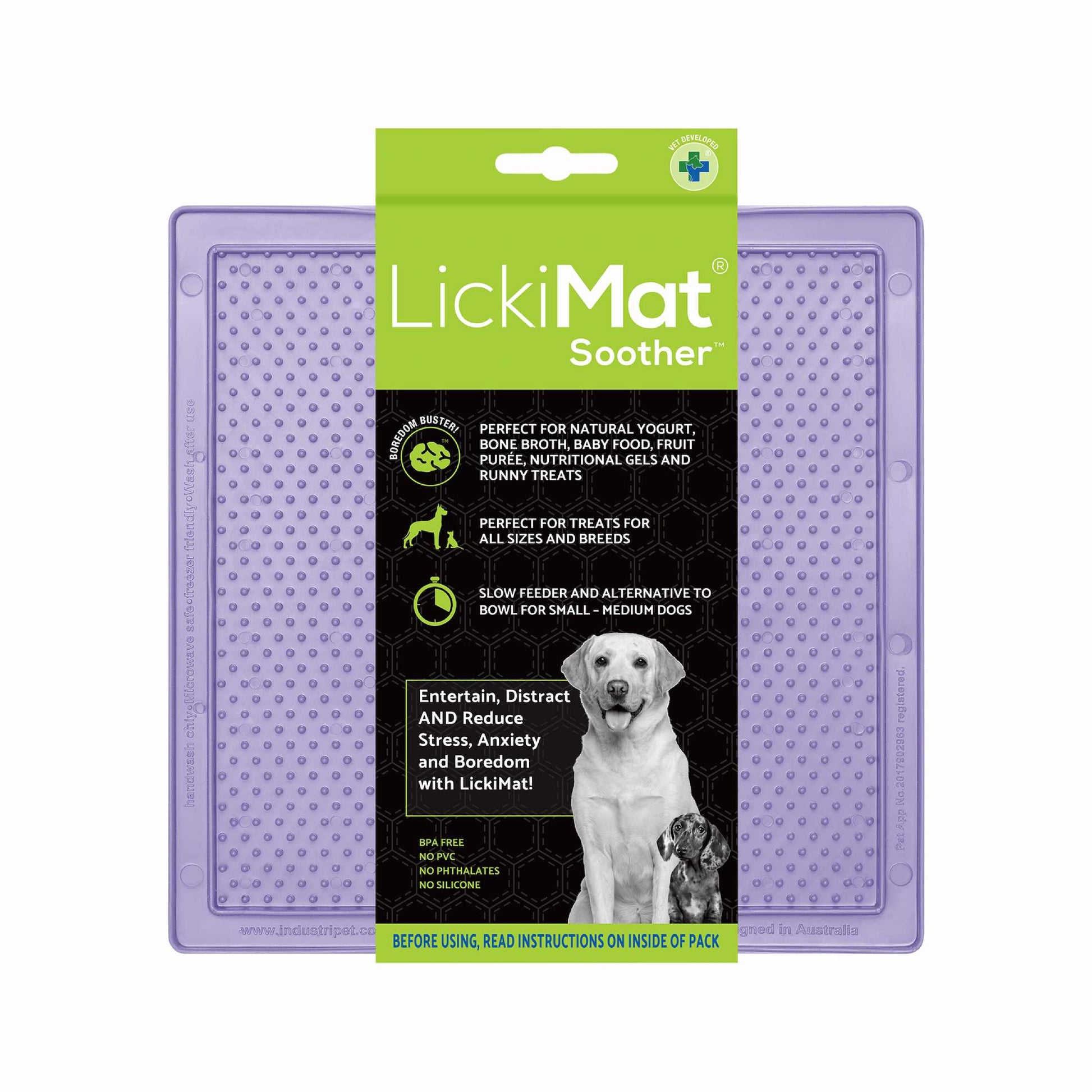 Lavender LickiMat® Classic Soother™ – Original Slow Feeder Lick Mat for Dogs (label) on a white background