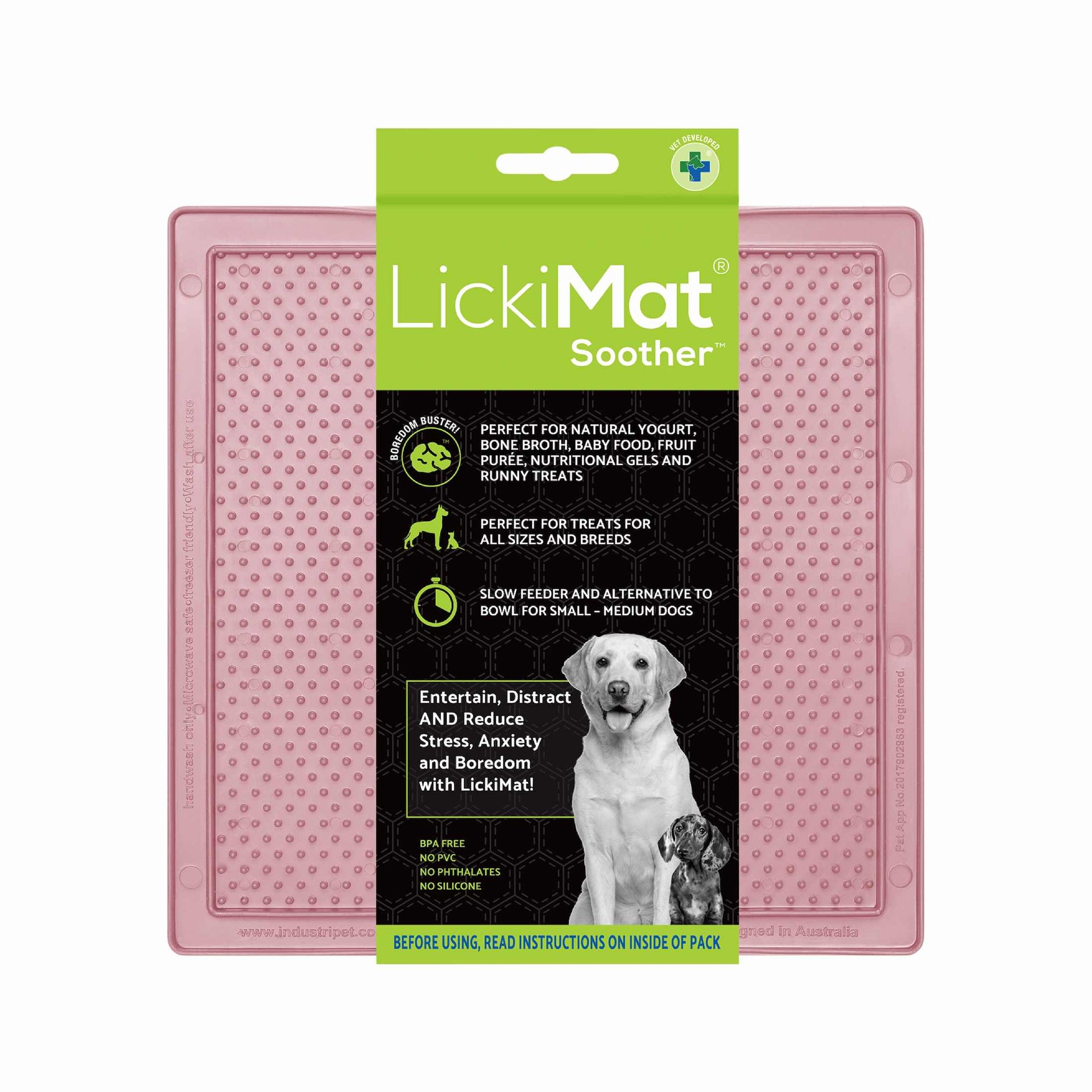Guava LickiMat® Classic Soother™ – Original Slow Feeder Lick Mat for Dogs (label) on a white background