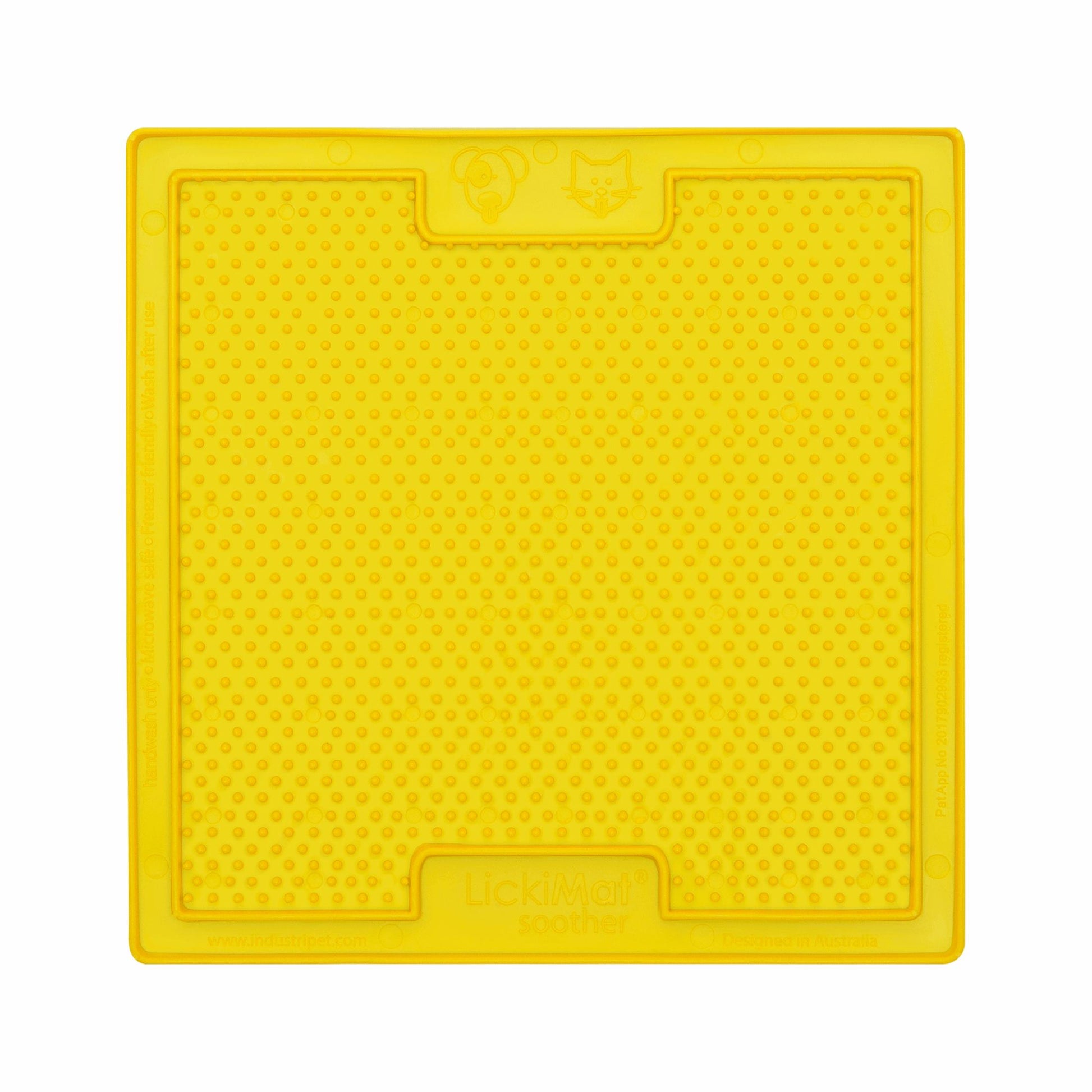 Yellow LickiMat® Classic Soother™ – Original Slow Feeder Lick Mat for Dogs (front) on a white background