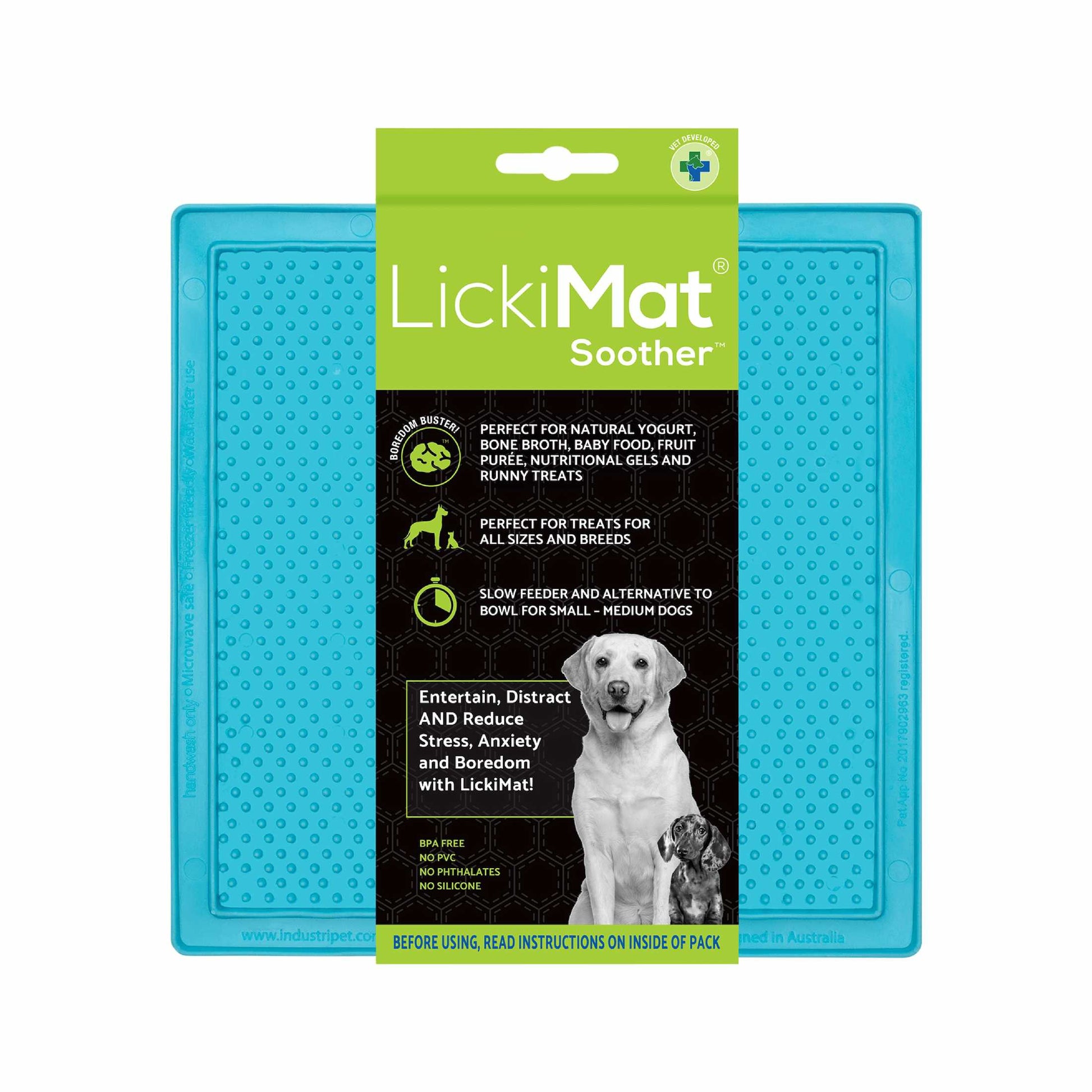 Turquoise LickiMat® Classic Soother™ – Original Slow Feeder Lick Mat for Dogs (label) on a white background