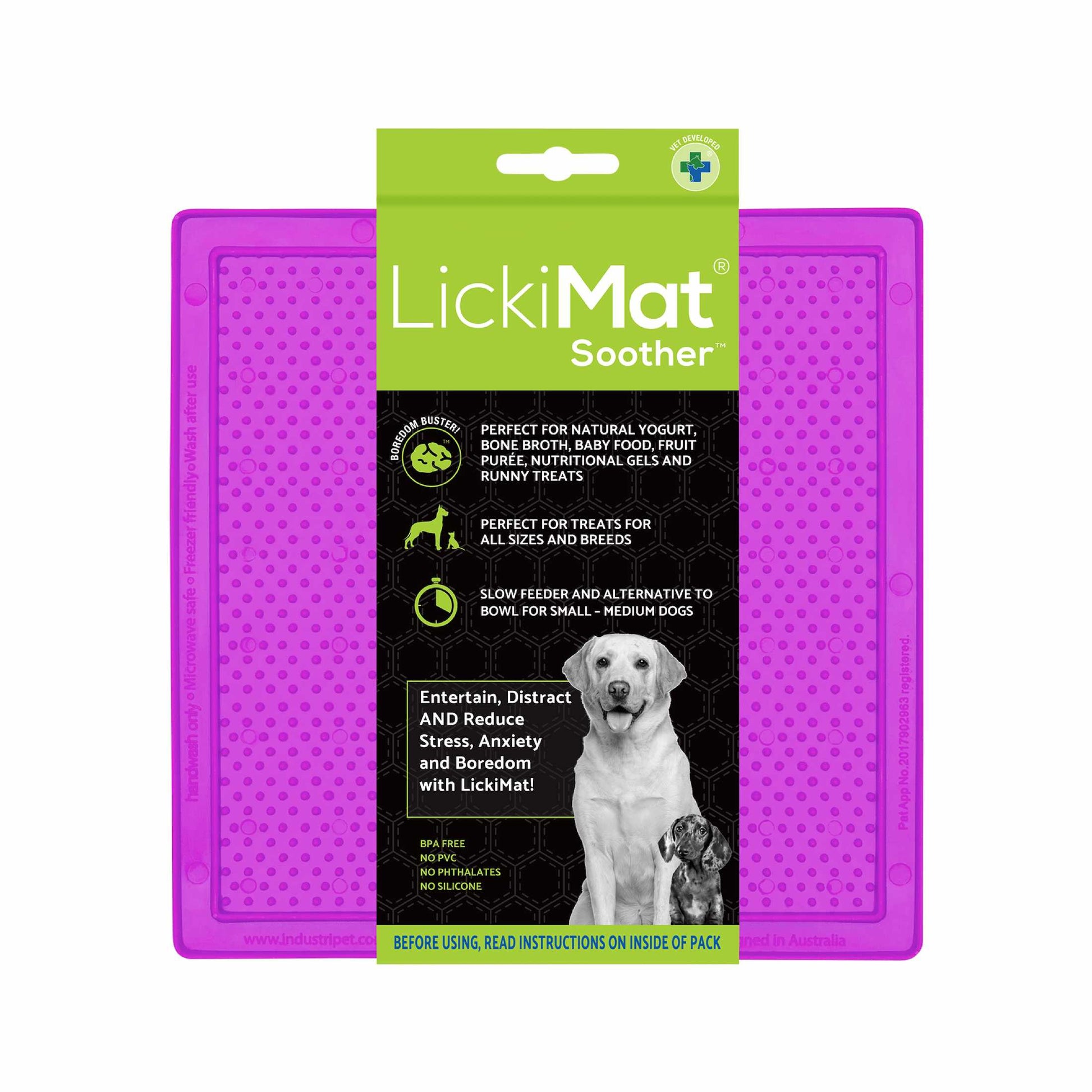 Purple LickiMat® Classic Soother™ – Original Slow Feeder Lick Mat for Dogs (label) on a white background