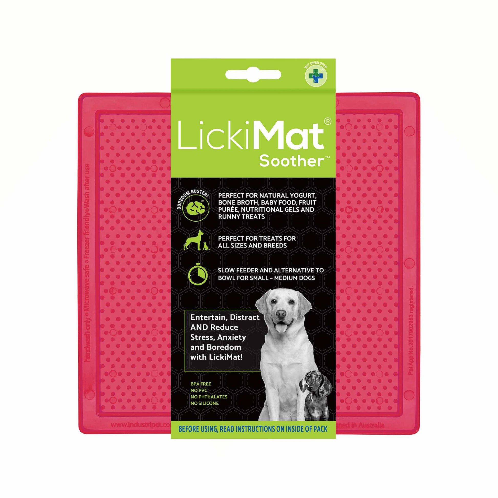 Pink LickiMat® Classic Soother™ – Original Slow Feeder Lick Mat for Dogs (label) on a white background