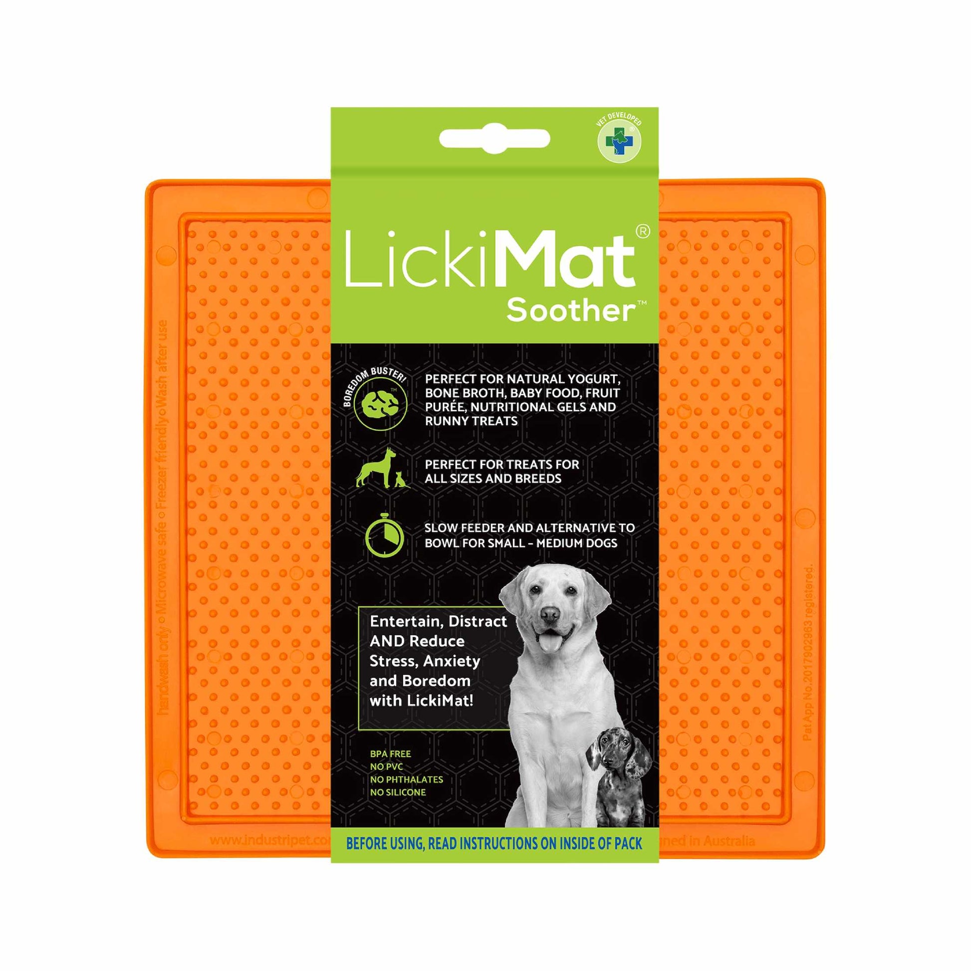 Orange LickiMat® Classic Soother™ – Original Slow Feeder Lick Mat for Dogs (label) on a white background