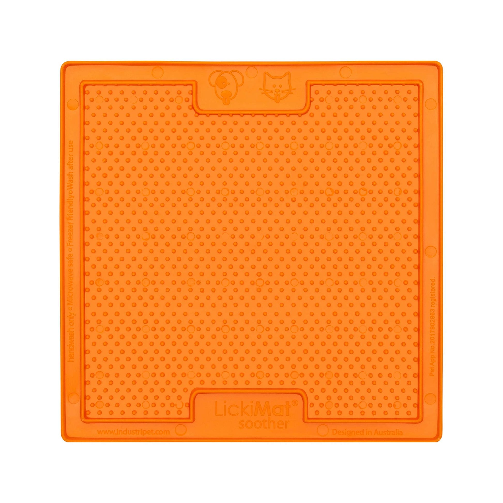 Orange LickiMat® Classic Soother™ – Original Slow Feeder Lick Mat for Dogs (front) on a white background