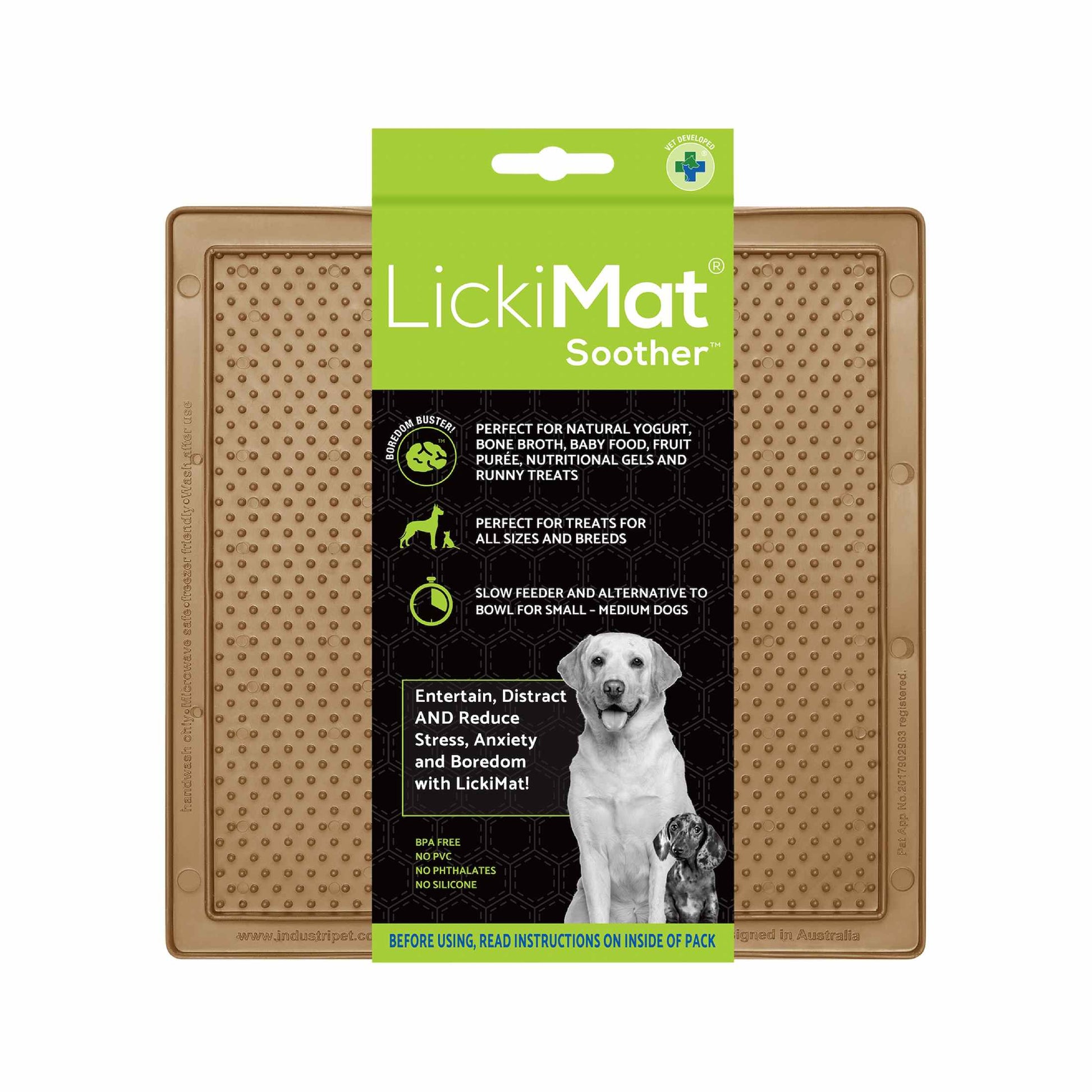Coffee LickiMat® Classic Soother™ – Original Slow Feeder Lick Mat for Dogs (label) on a white background