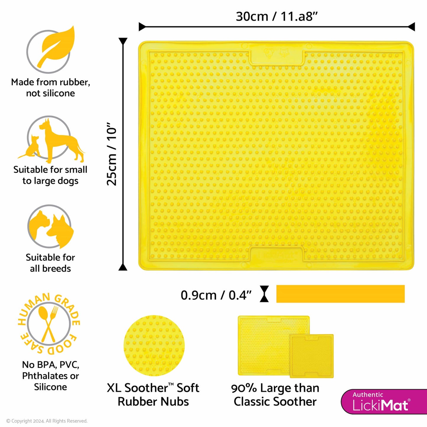 Yellow LickiMat® Classic Soother™ XL – Slow Feeder Lick Mat for Dogs (measurements) on a white background
