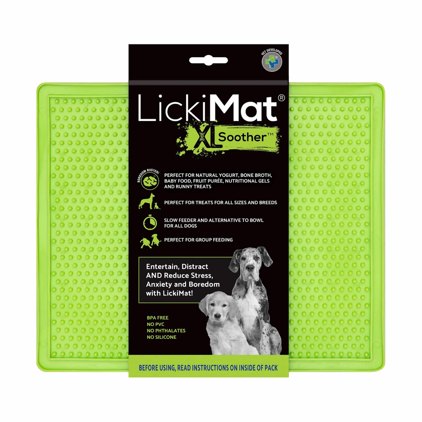 Green LickiMat® Classic Soother™ XL – Slow Feeder Lick Mat for Dogs (label) on a white background