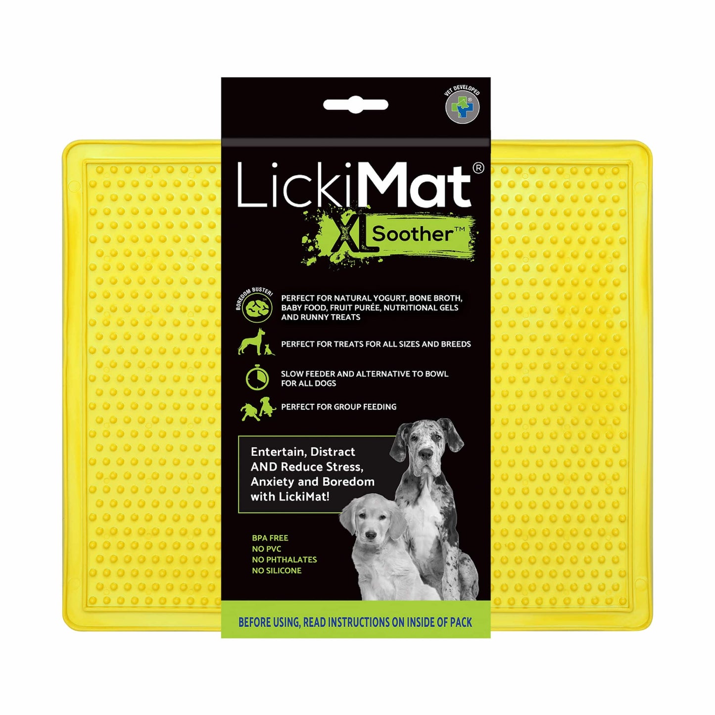 Yellow LickiMat® Classic Soother™ XL – Slow Feeder Lick Mat for Dogs (label) on a white background