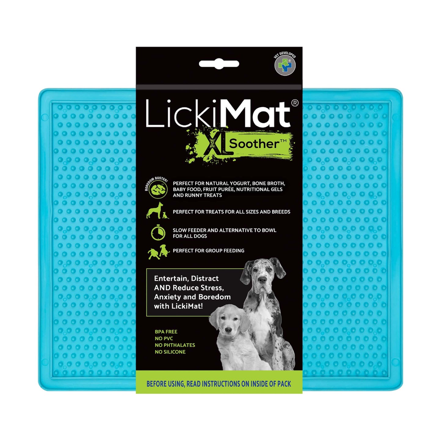 Turquoise LickiMat® Classic Soother™ XL – Slow Feeder Lick Mat for Dogs (label) on a white background