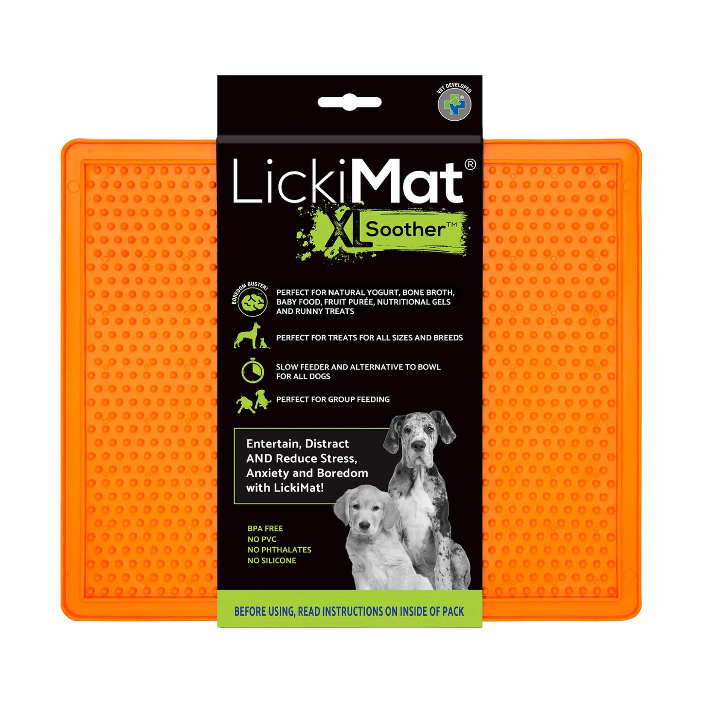 Orange LickiMat® Classic Soother™ XL – Slow Feeder Lick Mat for Dogs (label) on a white background