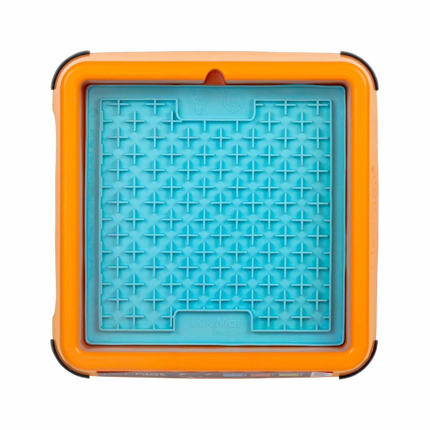 Orange LickiMat® Keeper™ – Non-Slip Holder & Dog Bowl for LickiMats® (front) with turquoise buddy on white background