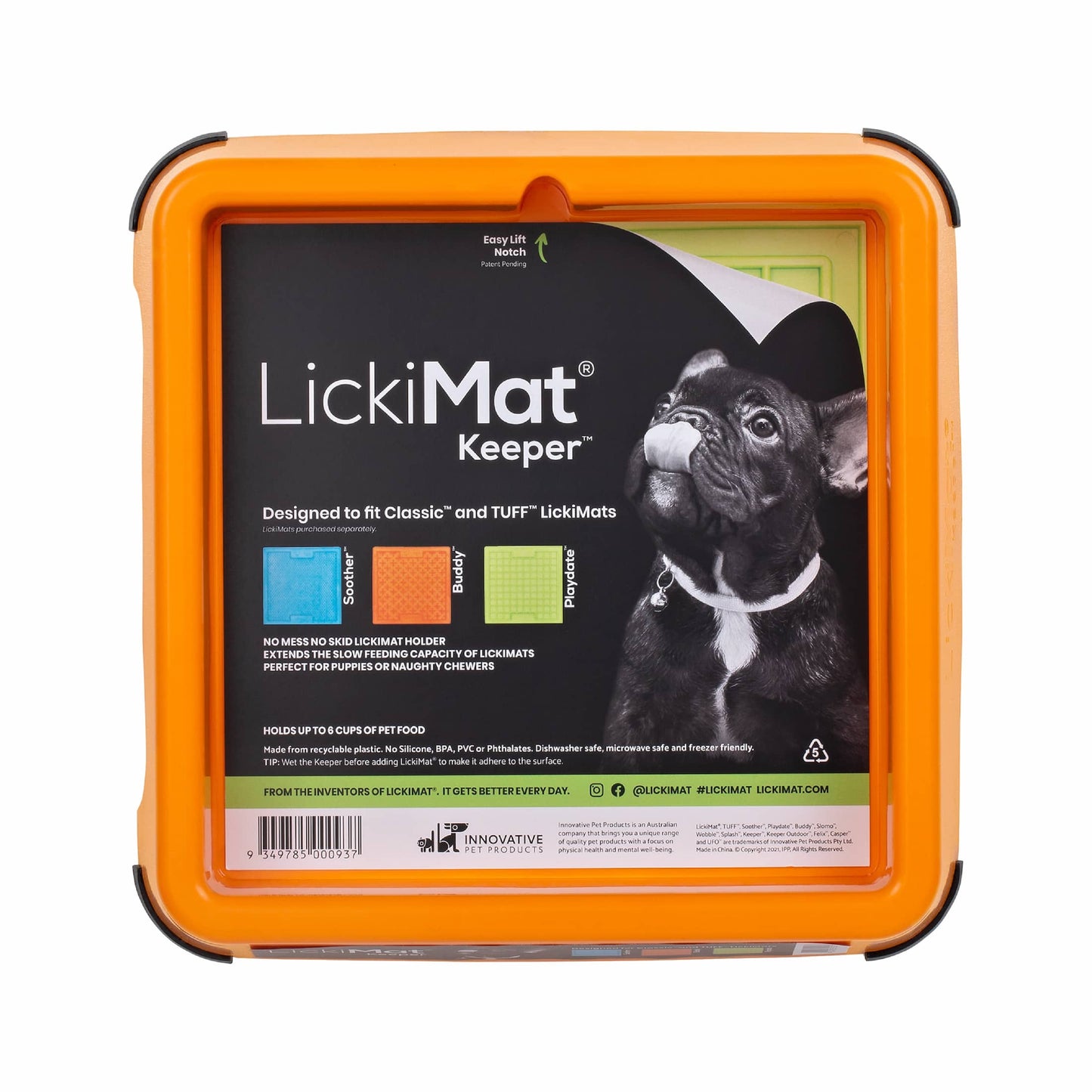 Orange LickiMat® Keeper™ – Non-Slip Holder & Dog Bowl for LickiMats® (front-label) on white background