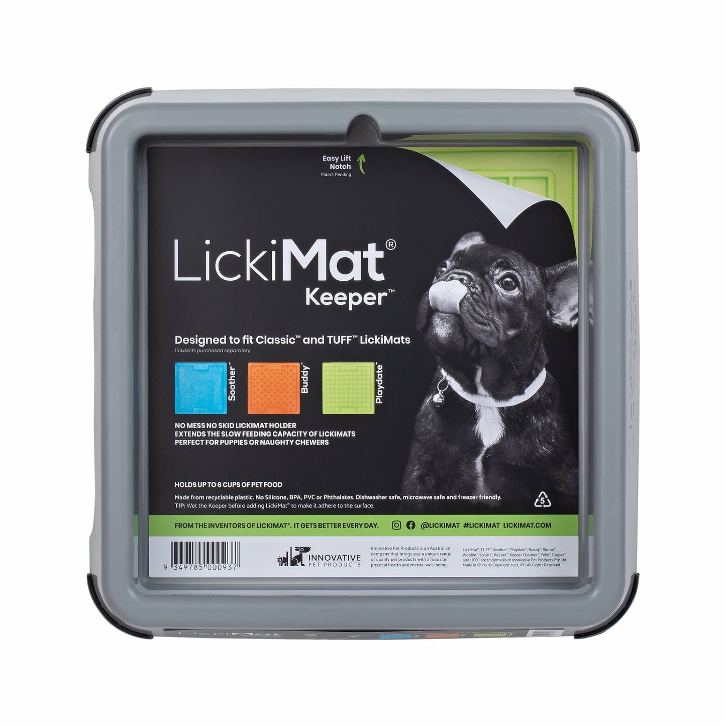 Grey LickiMat® Keeper™ – Non-Slip Holder & Dog Bowl for LickiMats® (front-label) on white background
