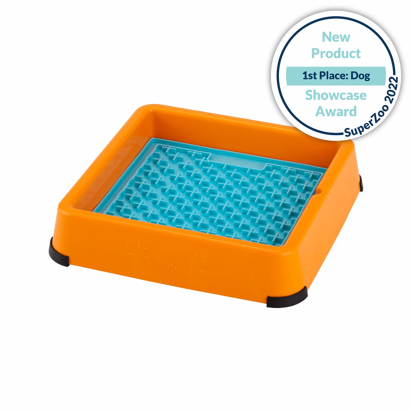 Orange LickiMat® Keeper™ – Non-Slip Holder & Dog Bowl for LickiMats® (side) with turquoise classic buddy on white background