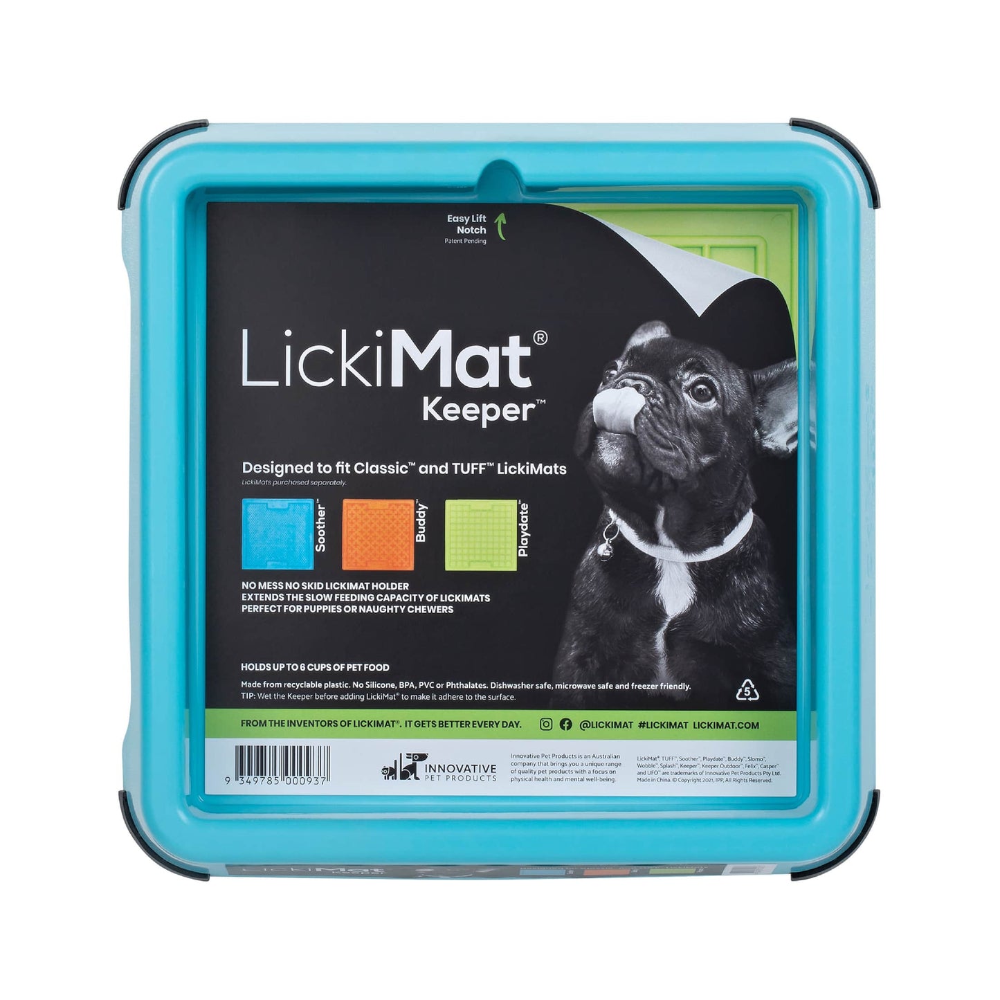 Turquoise LickiMat® Keeper™ – Non-Slip Holder & Dog Bowl for LickiMats® (front-label) on white background
