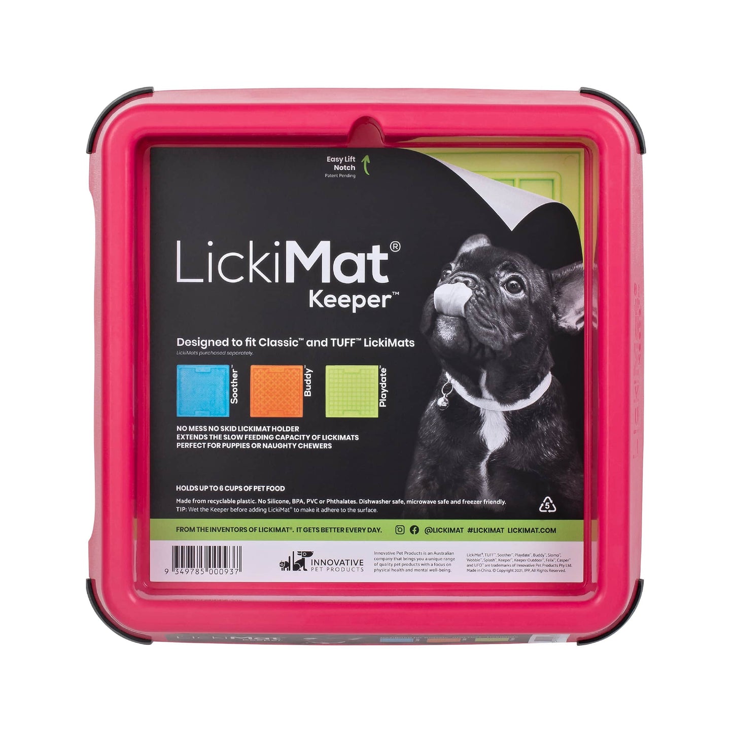 Pink LickiMat® Keeper™ – Non-Slip Holder & Dog Bowl for LickiMats® (front-label) on white background