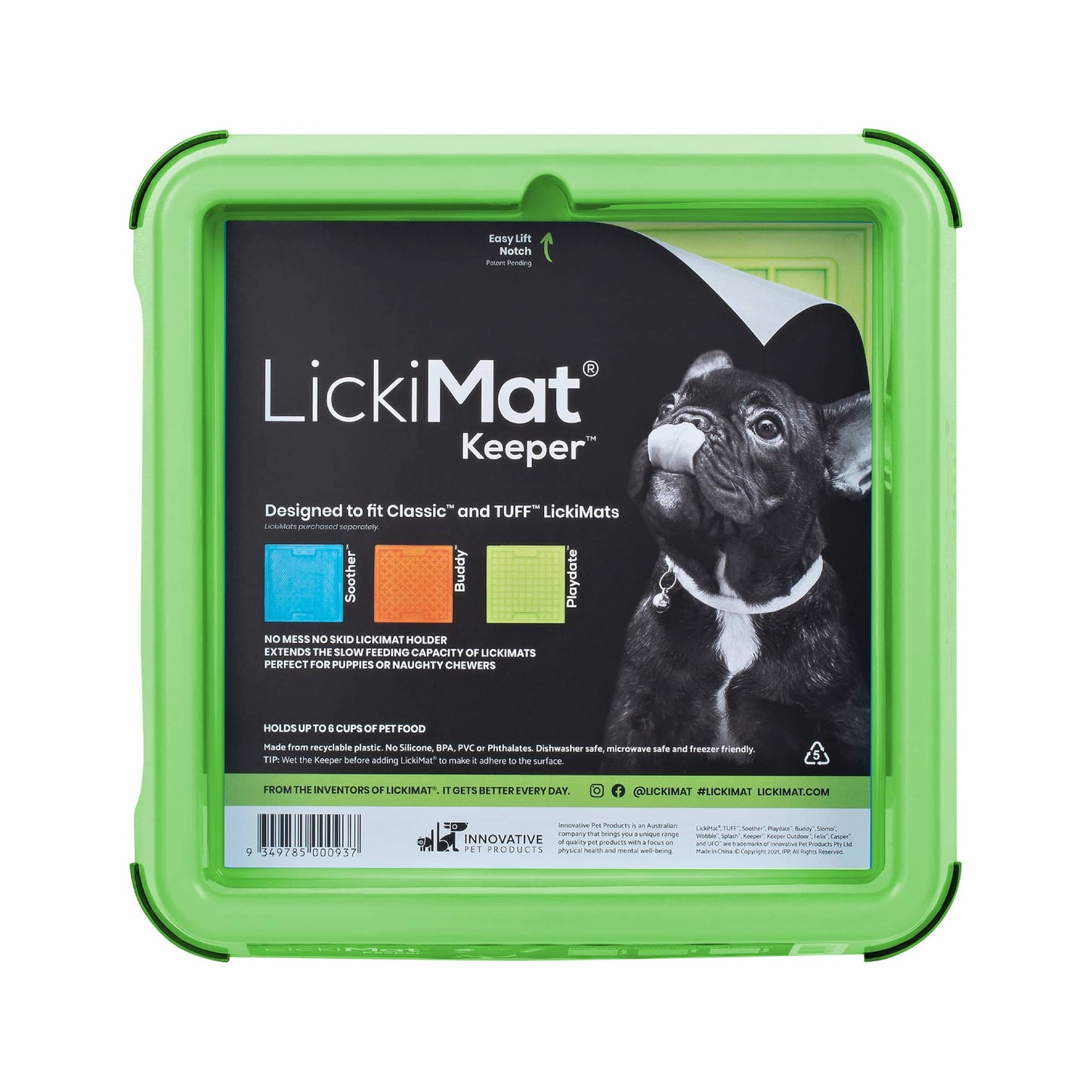 Green LickiMat® Keeper™ – Non-Slip Holder & Dog Bowl for LickiMats® (front-label) on white background