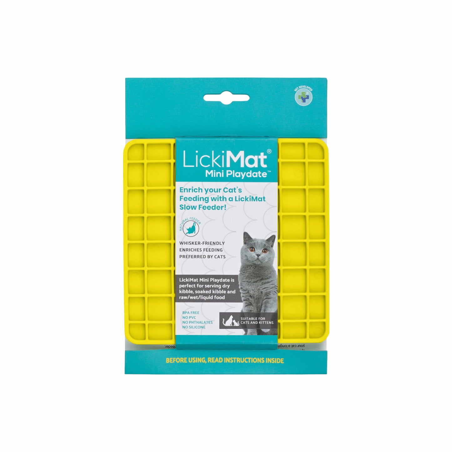 Yellow LickiMat® Mini Playdate™ – Slow Feeder Lick Mat for Cats (label) on white background