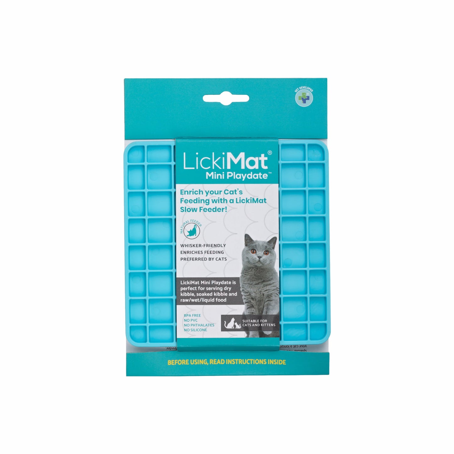 Turquoise LickiMat® Mini Playdate™ – Slow Feeder Lick Mat for Cats (label) on white background