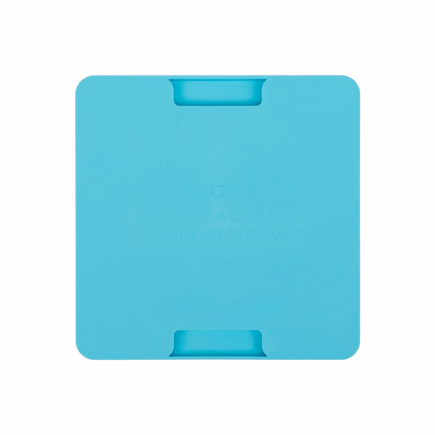 Turquoise LickiMat® Mini Playdate™ – Slow Feeder Lick Mat for Cats (rear) on white background