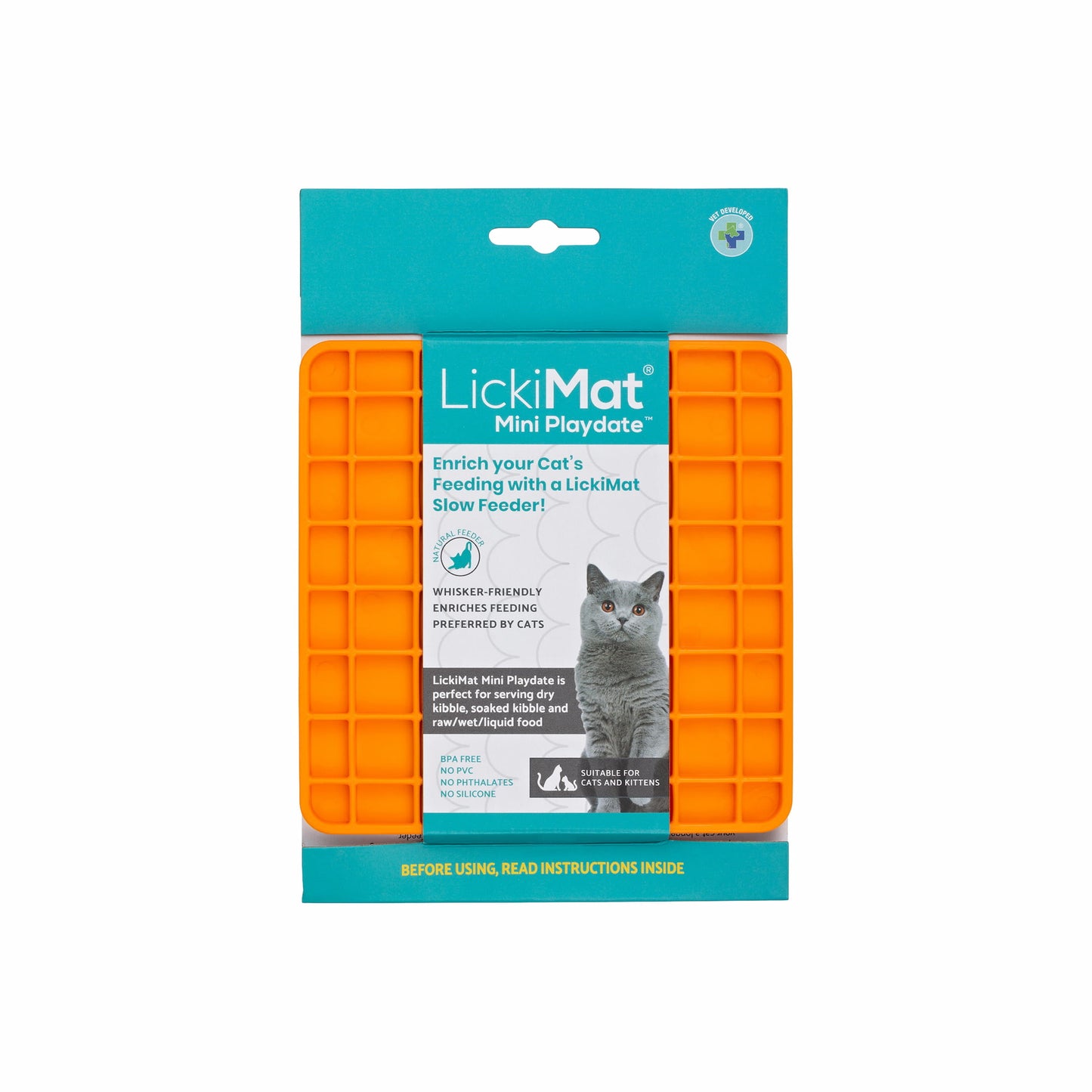 Orange LickiMat® Mini Playdate™ – Slow Feeder Lick Mat for Cats (label) on white background