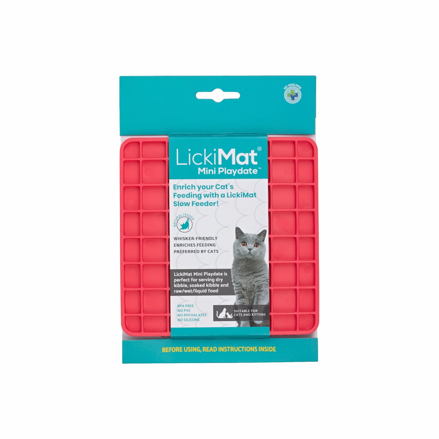 Pink LickiMat® Mini Playdate™ – Slow Feeder Lick Mat for Cats (label) on white background