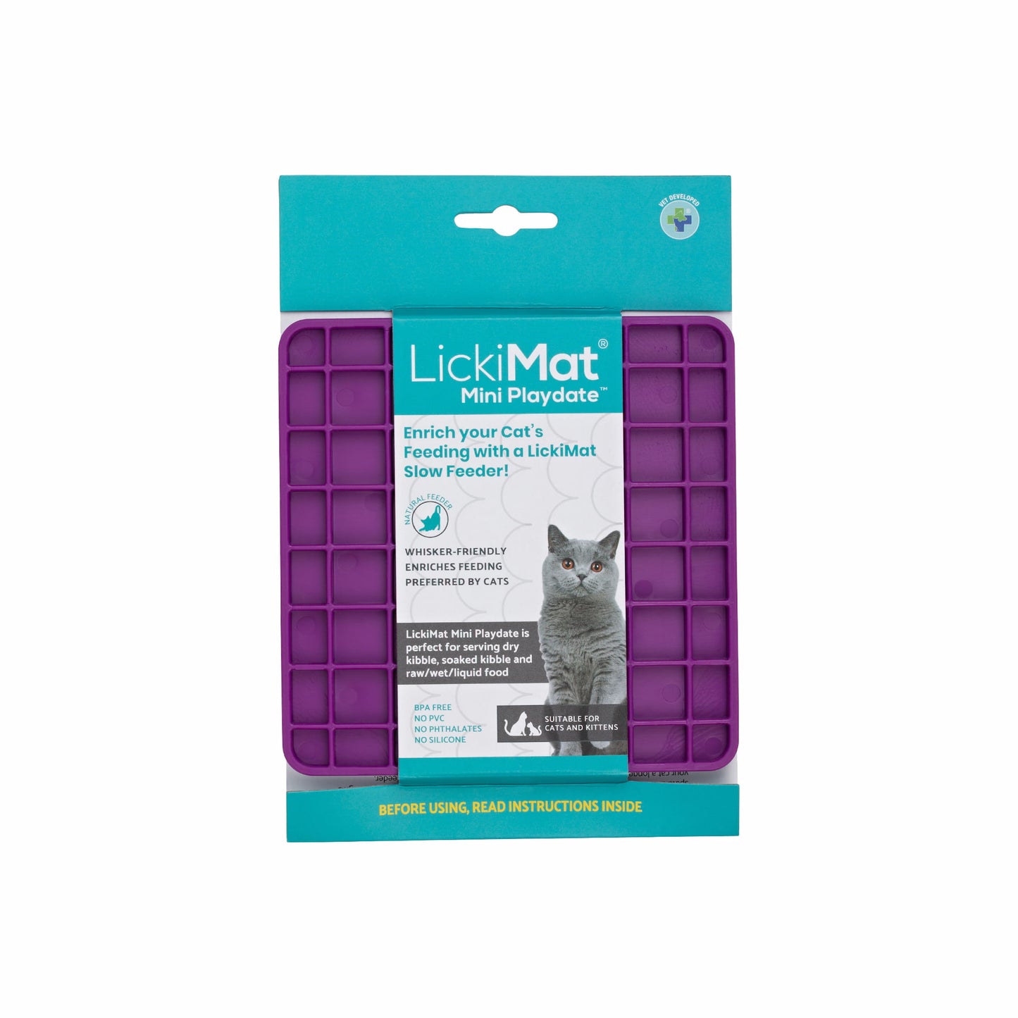 Purple LickiMat® Mini Playdate™ – Slow Feeder Lick Mat for Cats (label) on white background