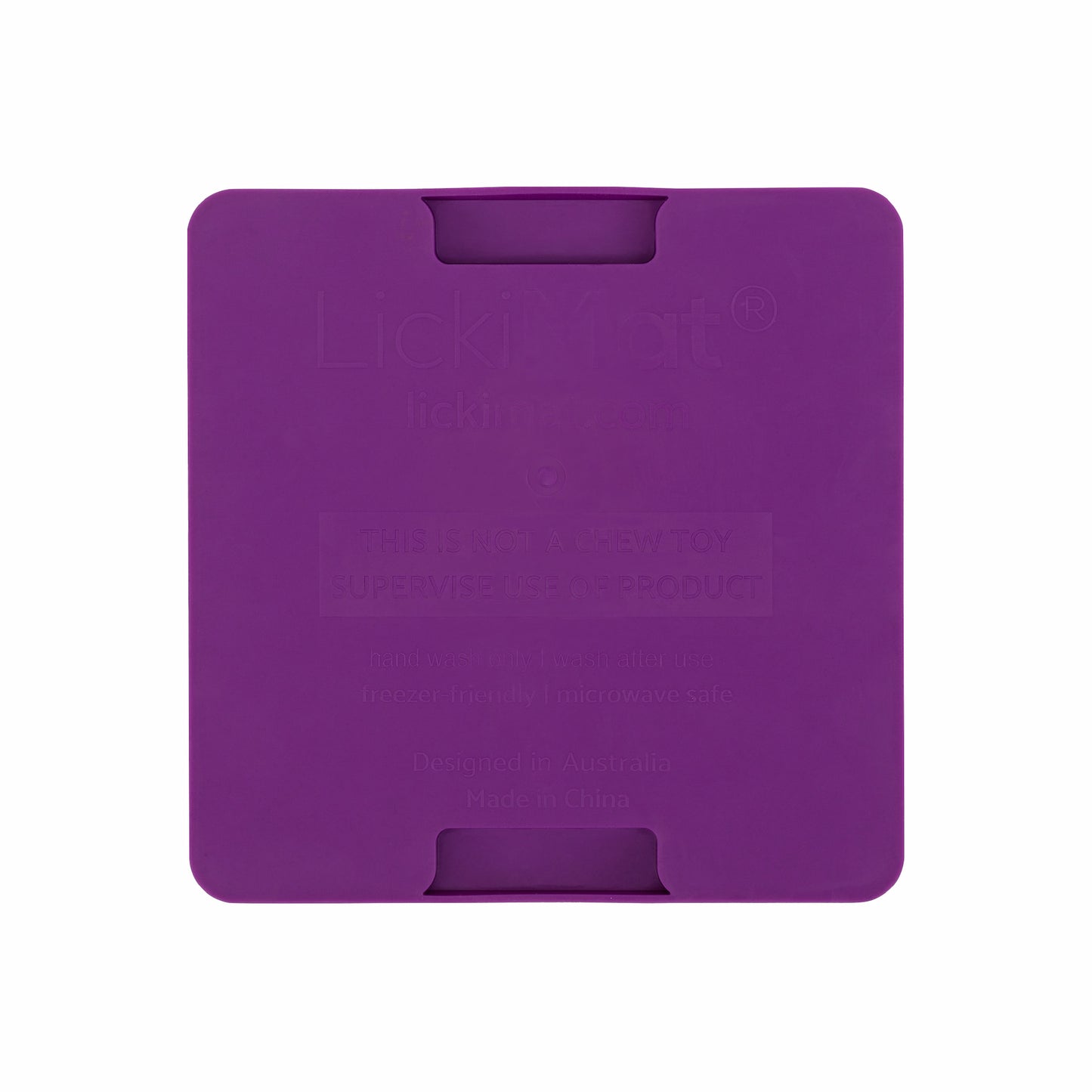 Purple LickiMat® Mini Playdate™ – Slow Feeder Lick Mat for Cats (Rear) on white background