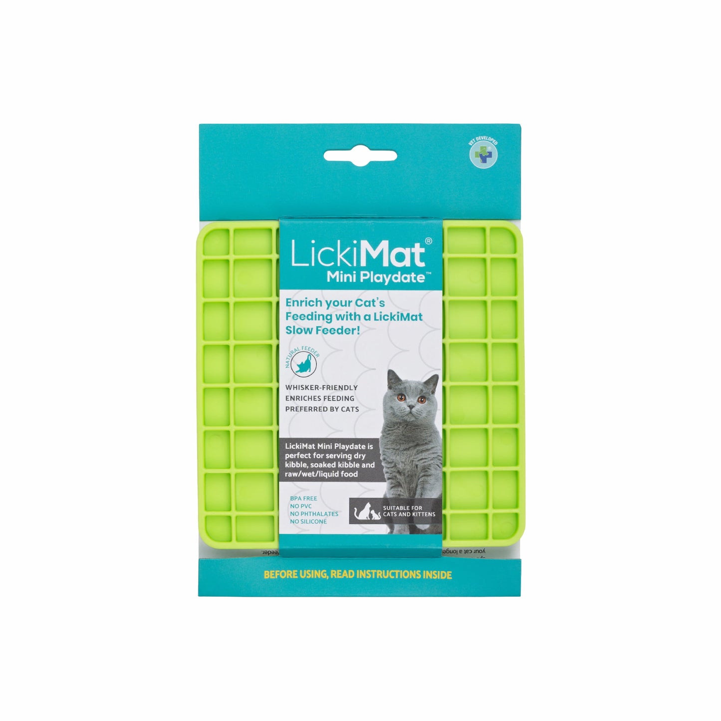 Green LickiMat® Mini Playdate™ – Slow Feeder Lick Mat for Cats (Label) on white background