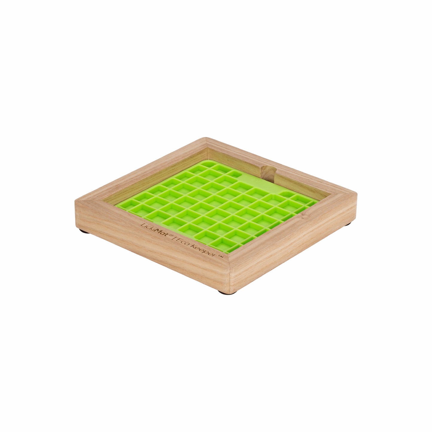 LickiMat® Mini Wooden Keeper™ – Holder & Feeding Bowl for Small Dogs (side) with mini green playdate on white background