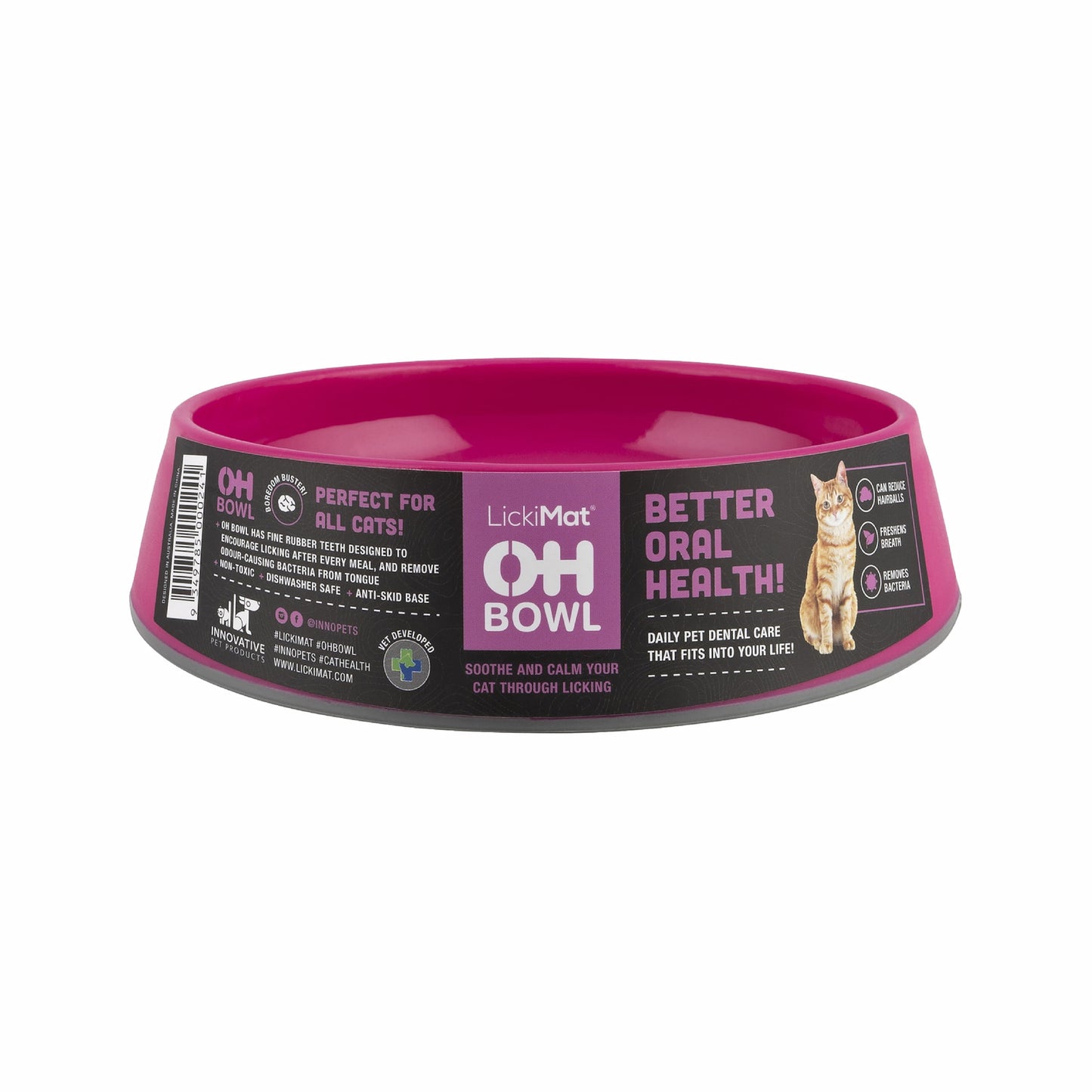 Pink LickiMat® OH Bowl™ for Cats – Oral Health & Slow Feeder Cat Bowl (label) on white background