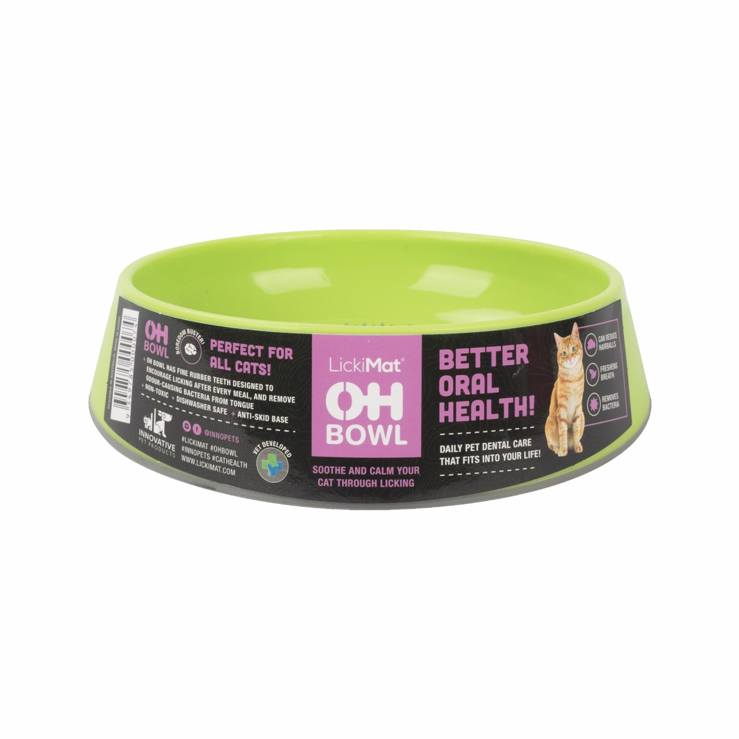 Green LickiMat® OH Bowl™ for Cats – Oral Health & Slow Feeder Cat Bowl (label) on white background