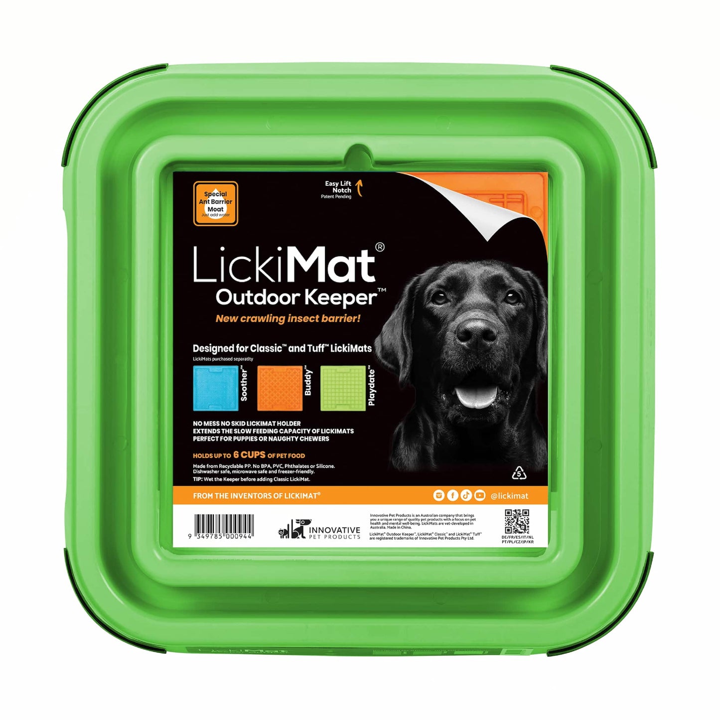 Green LickiMat® Outdoor Keeper™ – Non-Slip Holder & Slow Feeder Dog Bowl (front-label) on white background