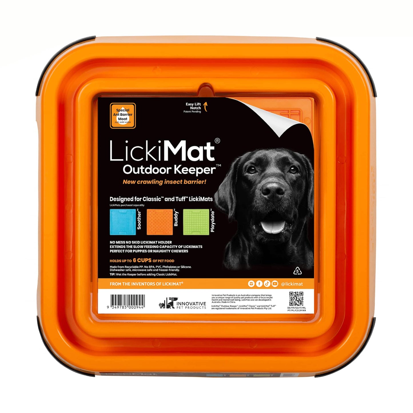 Orange LickiMat® Outdoor Keeper™ – Non-Slip Holder & Slow Feeder Dog Bowl (front-label) on white background