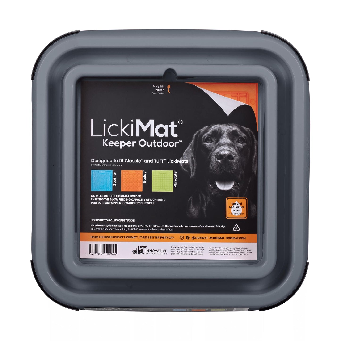 Grey LickiMat® Outdoor Keeper™ – Non-Slip Holder & Slow Feeder Dog Bowl (front-label) on white background
