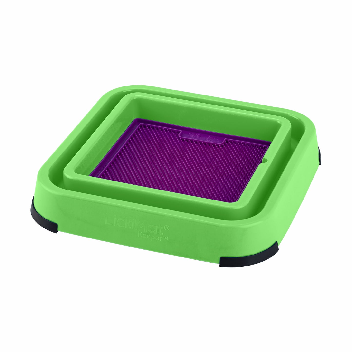 Green LickiMat® Outdoor Keeper™ – Non-Slip Holder & Slow Feeder Dog Bowl (front-label) with purple soother on white background