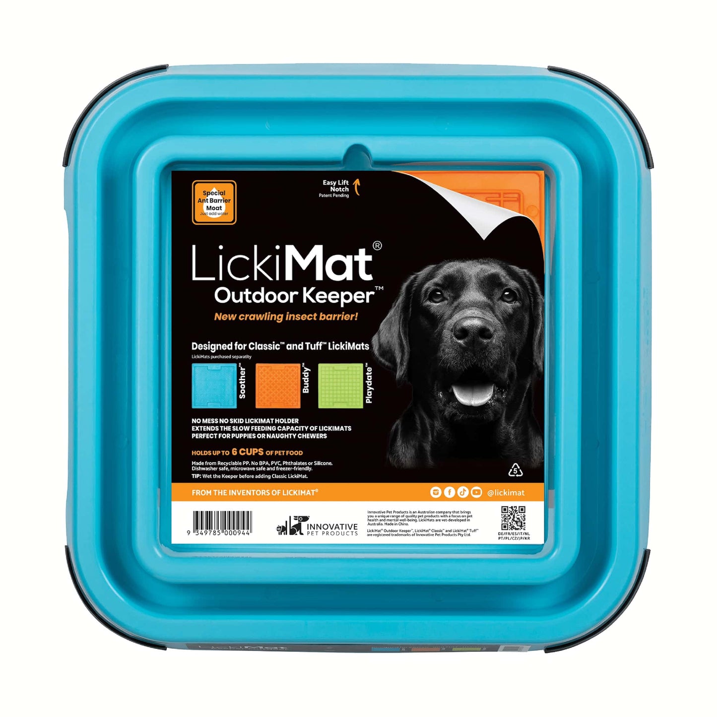 Turquoise LickiMat® Outdoor Keeper™ – Non-Slip Holder & Slow Feeder Dog Bowl (front-label) on white background