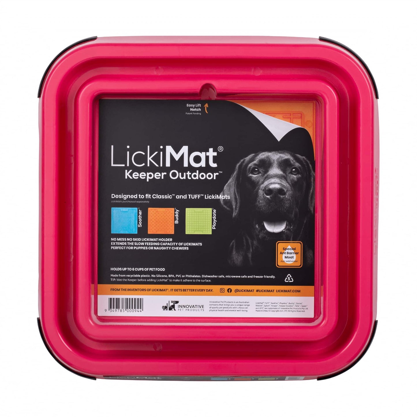 Pink LickiMat® Outdoor Keeper™ – Non-Slip Holder & Slow Feeder Dog Bowl (front-label) on white background