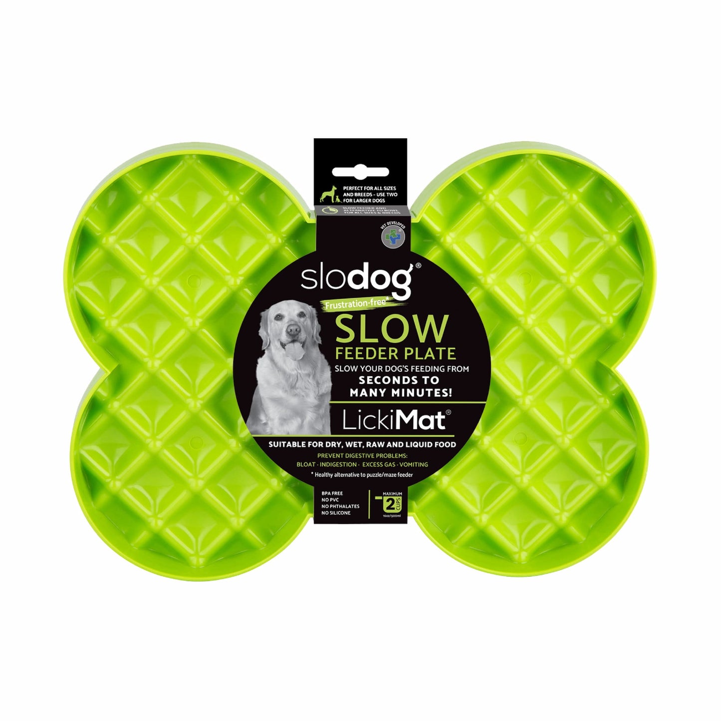 Green LickiMat® Slodog™ – Innovative Slow Feeder for Dogs, Anti-Gulp (label) on white background