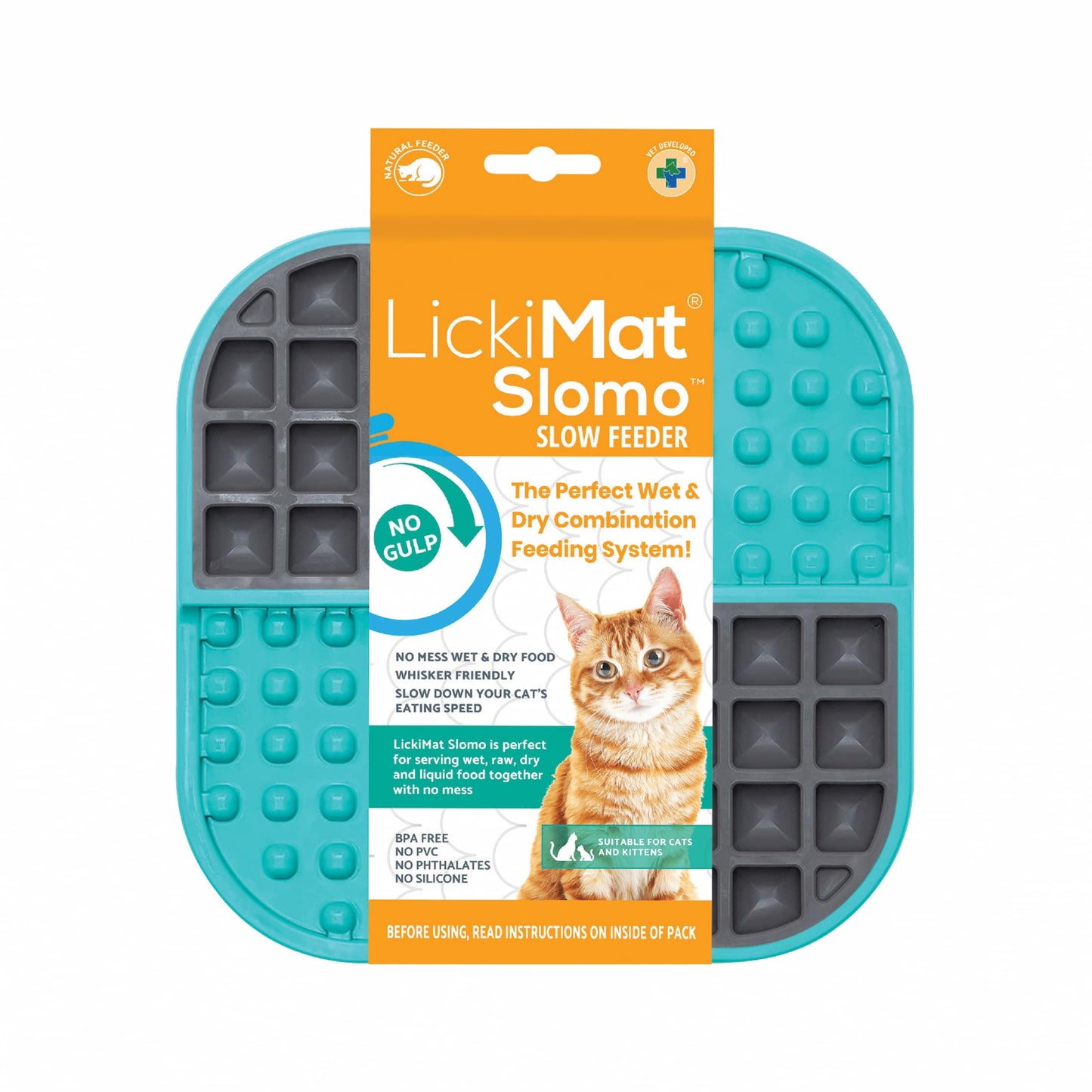 Turquoise LickiMat® Slomo™ – Dual-Texture Slow Feeder Lick Mat for Cats (label) on white background
