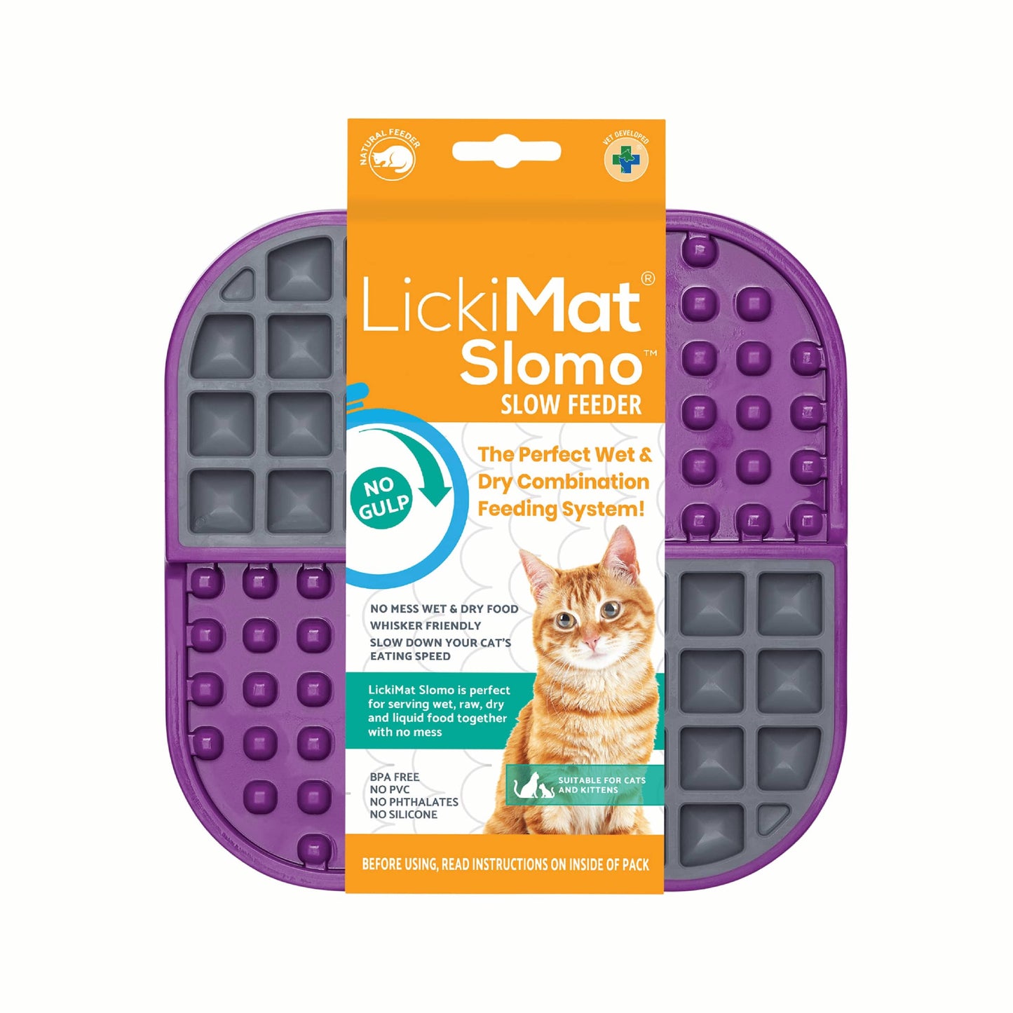 Purple LickiMat® Slomo™ – Dual-Texture Slow Feeder Lick Mat for Cats (label) on white background