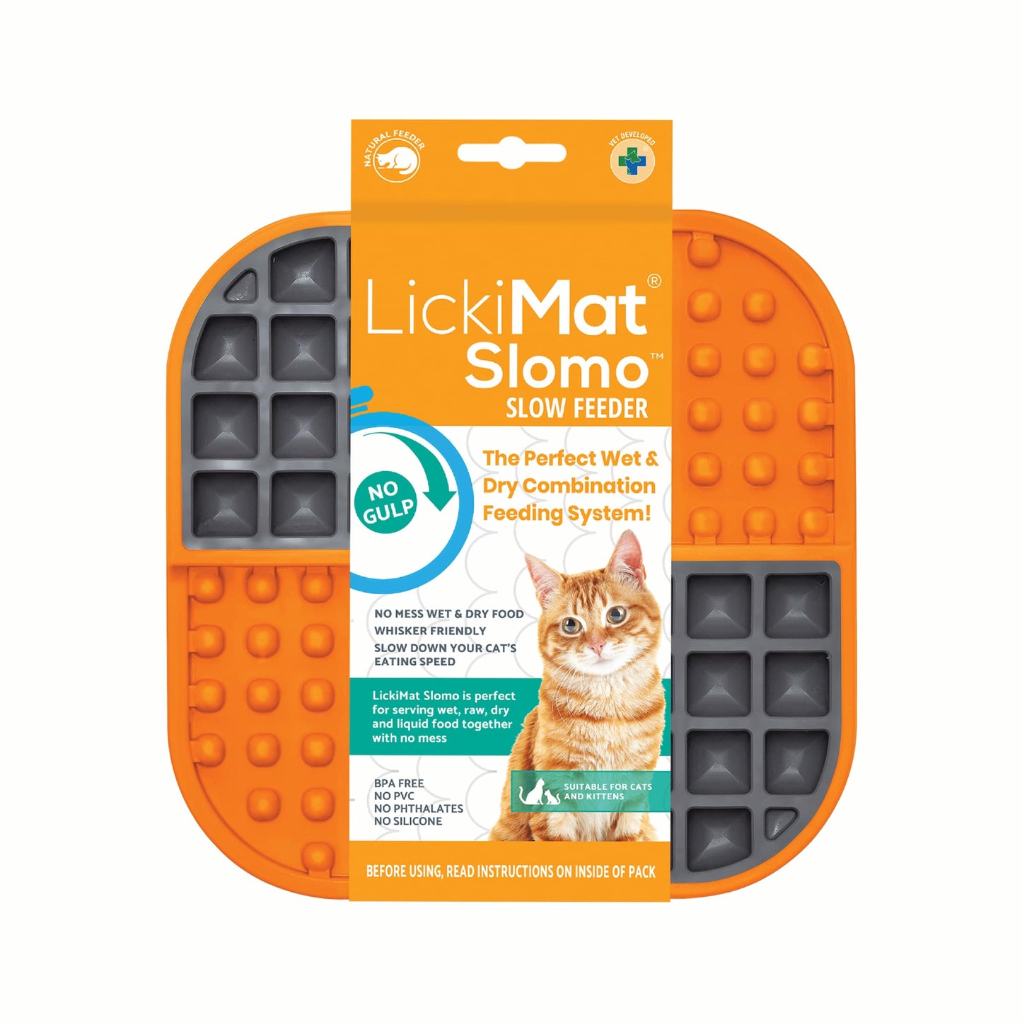 Orange LickiMat® Slomo™ – Dual-Texture Slow Feeder Lick Mat for Cats (label) on white background