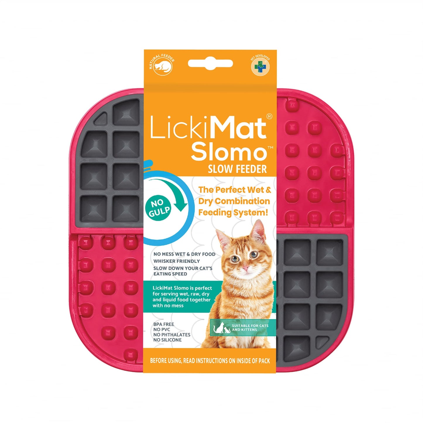 Red LickiMat® Slomo™ – Dual-Texture Slow Feeder Lick Mat for Cats (label) on white background