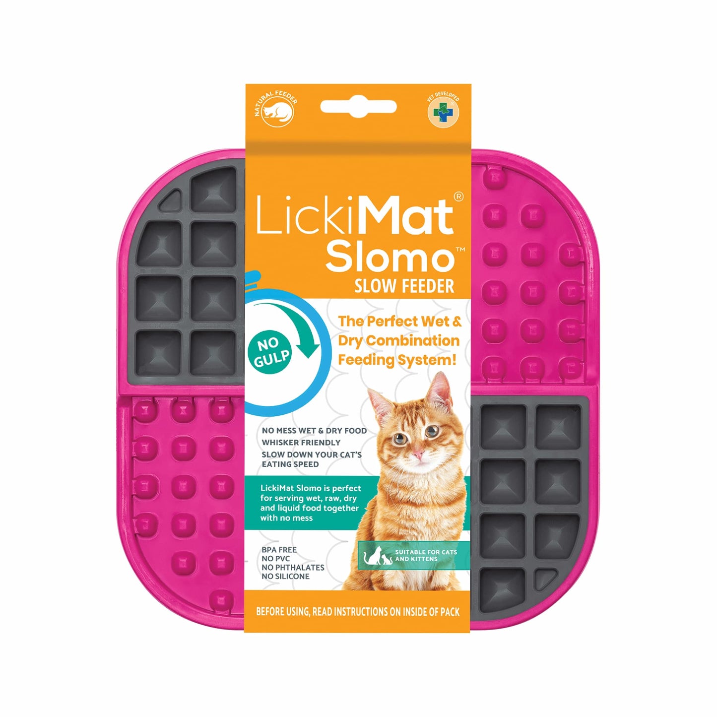 Pink LickiMat® Slomo™ – Dual-Texture Slow Feeder Lick Mat for Cats (label) on white background