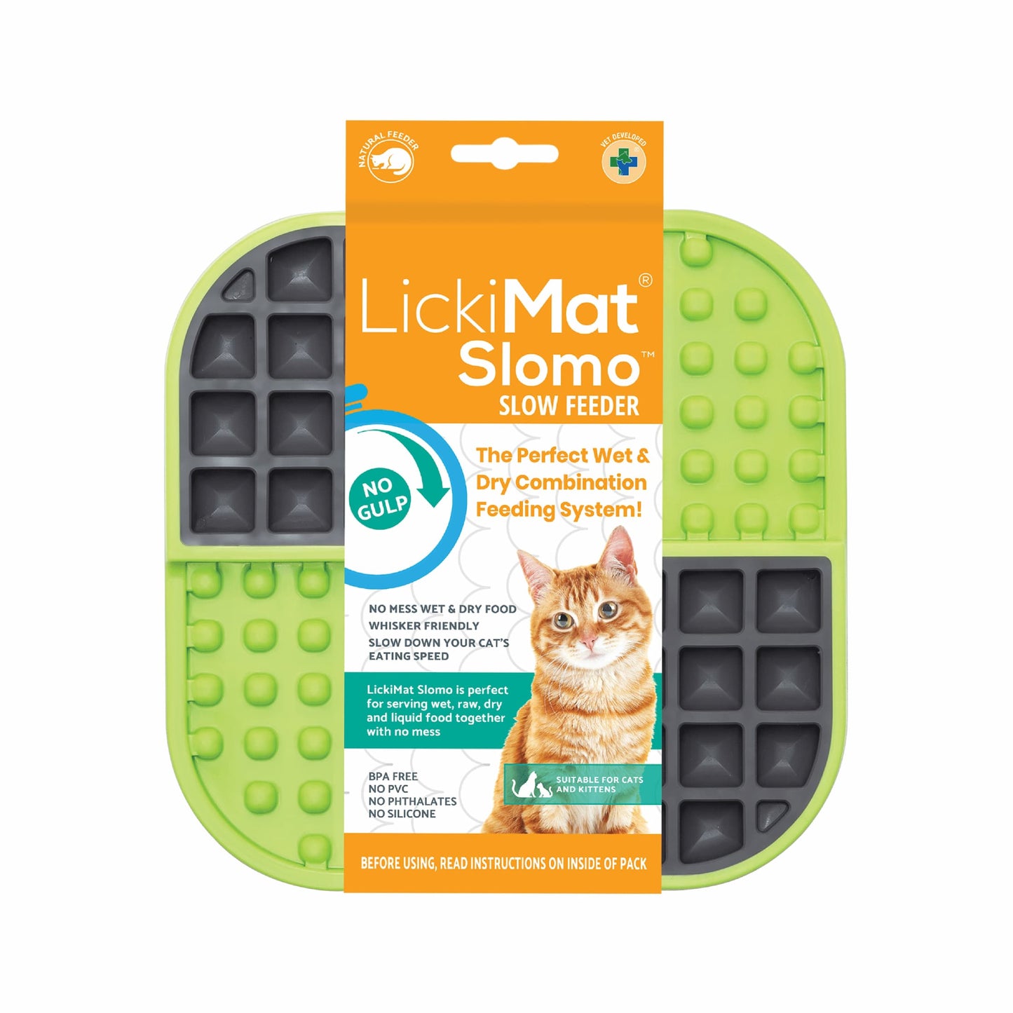 Green LickiMat® Slomo™ – Dual-Texture Slow Feeder Lick Mat for Cats (label) on white background