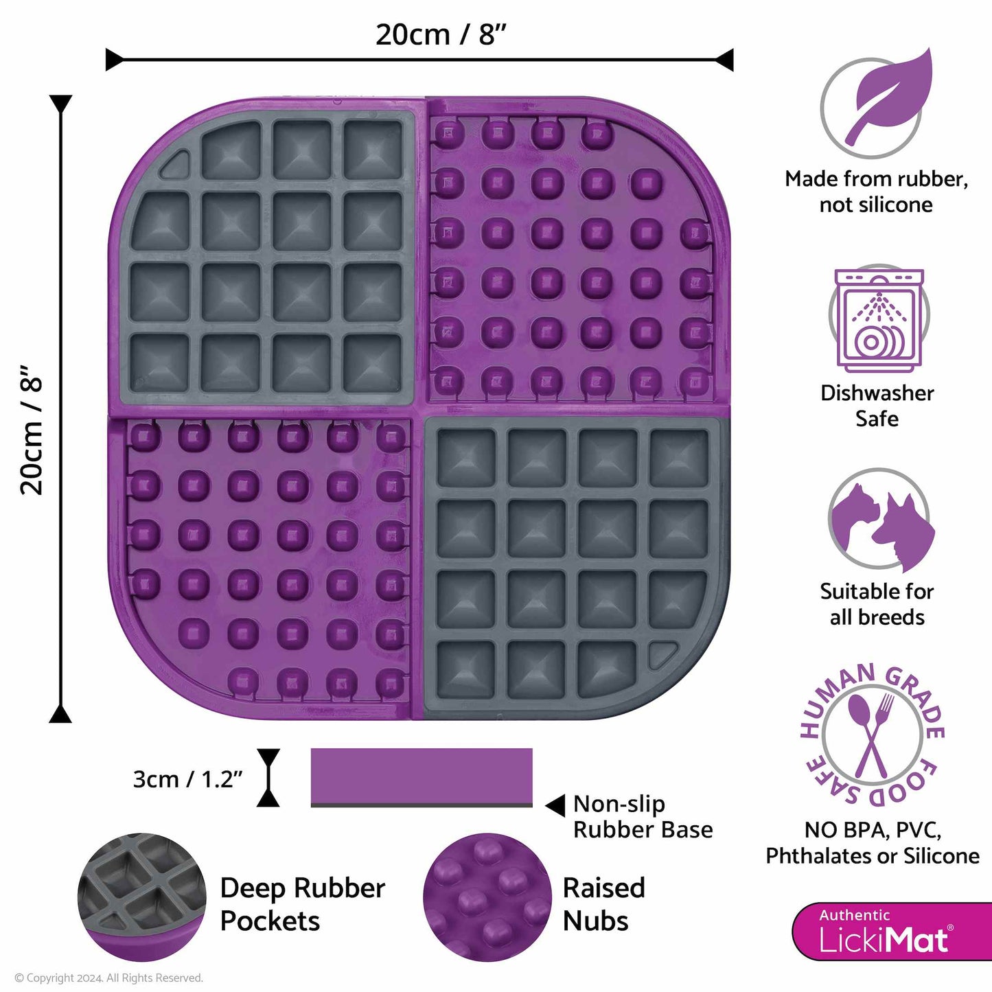 Purple LickiMat® Slomo™ – Dual-Texture Slow Feeder for Dogs (measurements) on a white background